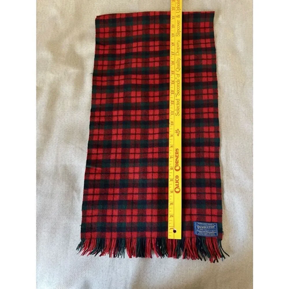Vintage Pendleton Plaid Virgin Wool Scarf Red Black Green Fringe Made in USA